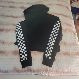 Girls Black Hoodie with Checkered Sleeves (Cropped) Size Large NWOT